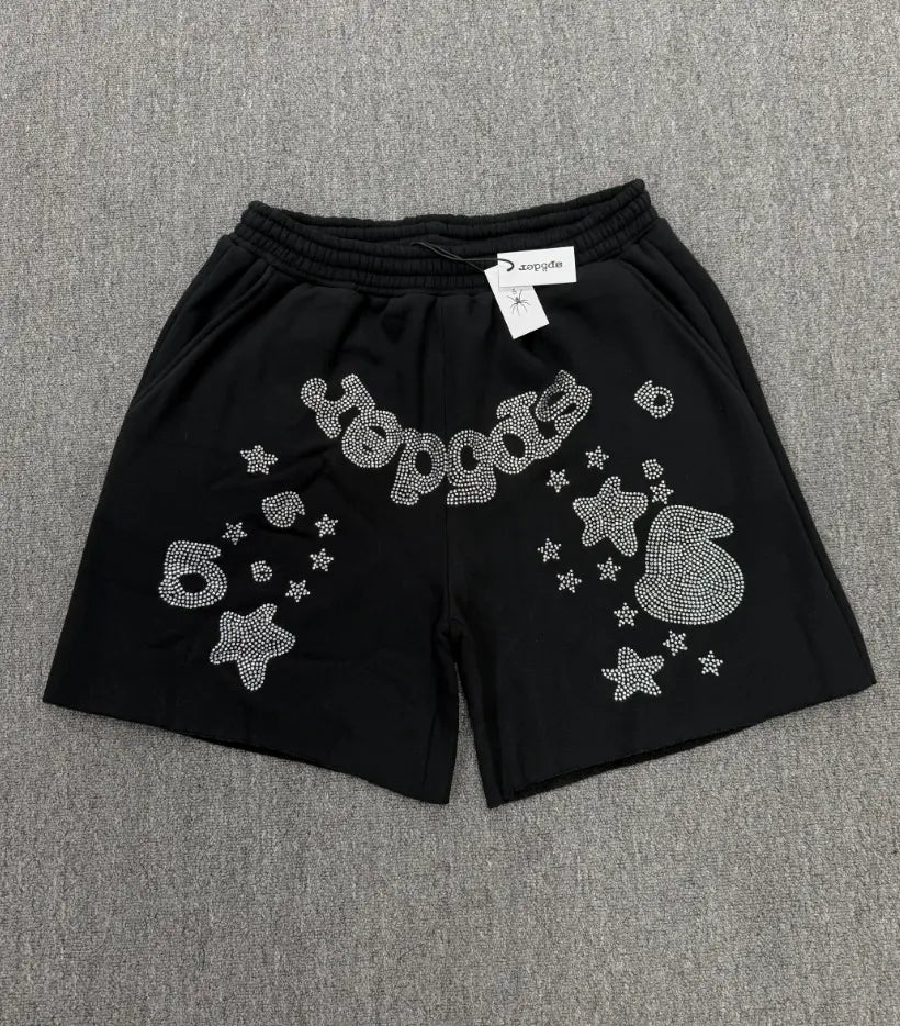 Sp5der black cotton jogger shorts with rhinestone letter and star print on the front