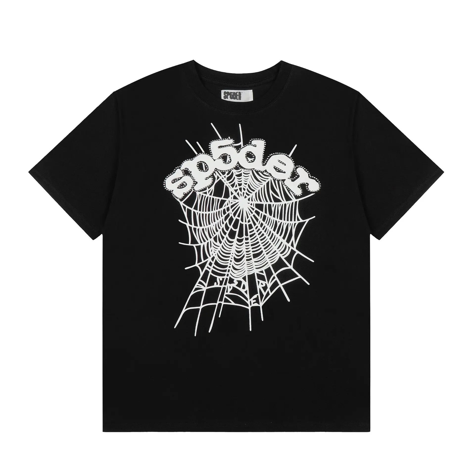 The Sp5der Black Spider Web Graphic Cotton T-Shirt features a bold streetwear look with a large white spider web graphic centered and "sp5der" in a stylized font above it.