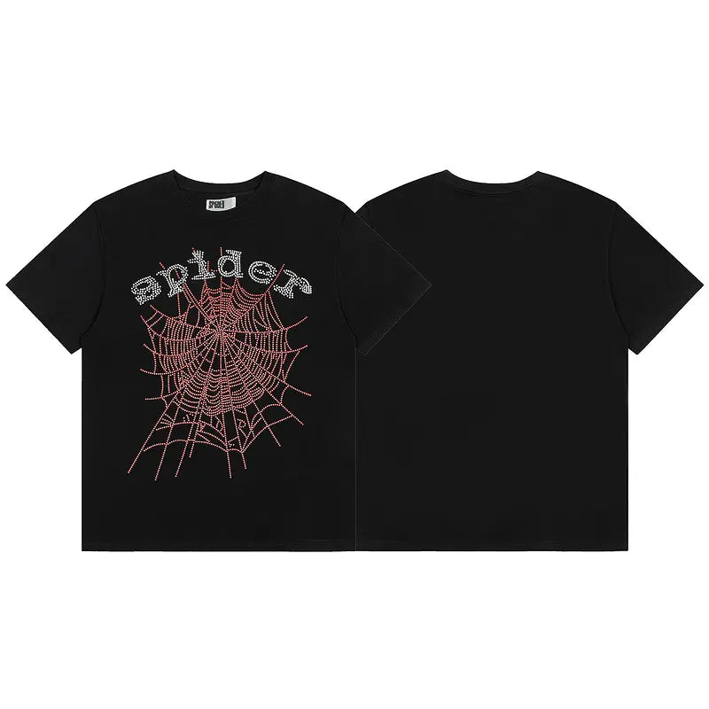 Front and back view of the Sp5der Black Spider Web Graphic Cotton T-Shirt. The front features a bold red spider web and "spider" in white web-style lettering, while the back is plain black with no design―ideal for streetwear.