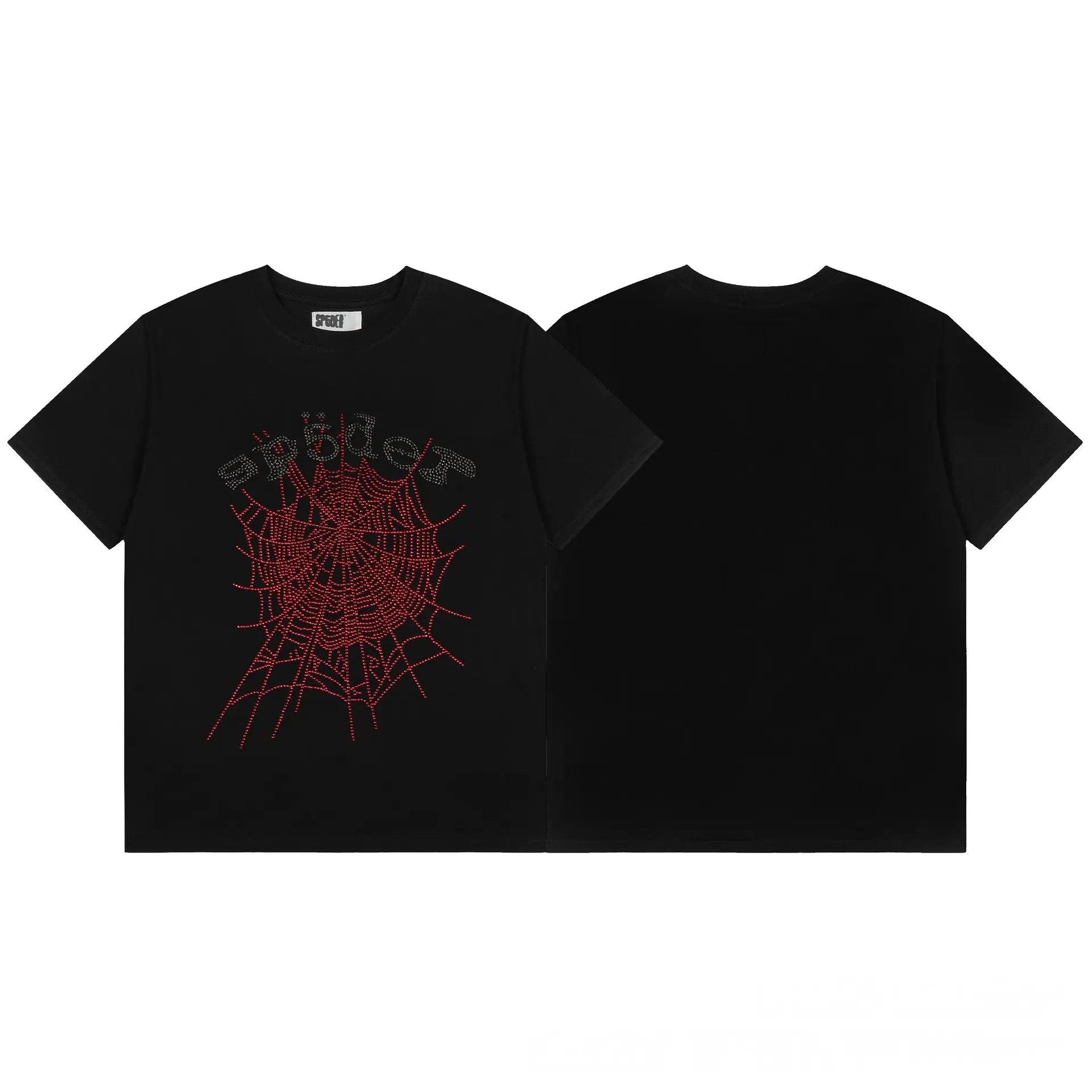 Black Sp5der short sleeve t-shirt with red rhinestone spider web graphic on the front chest