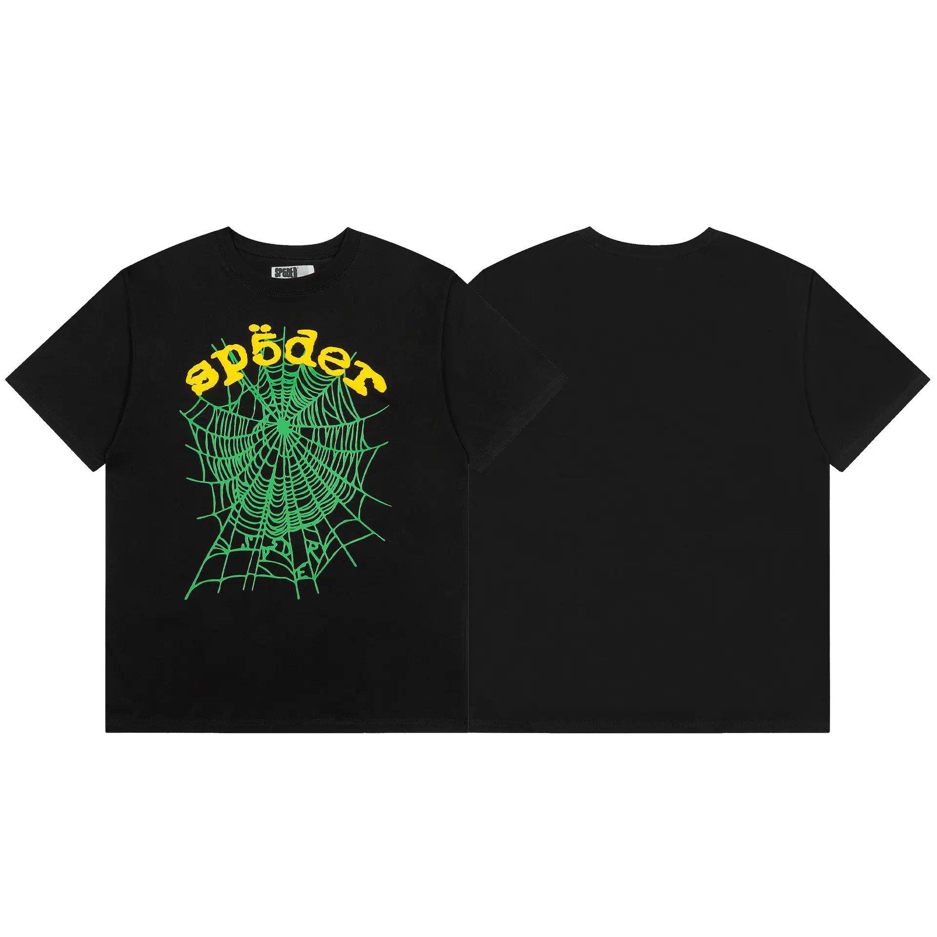 The Sp5der Black Spider Web Graphic Cotton T-Shirt features a yellow sp5der logo and large green spiderweb graphic on the front, while the back remains plain black―a stylish streetwear pick.