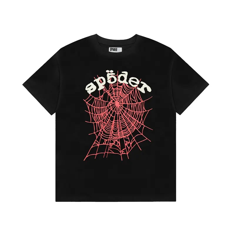 Black Sp5der t-shirt with pink spider web graphic and cream gothic lettering on the front chest