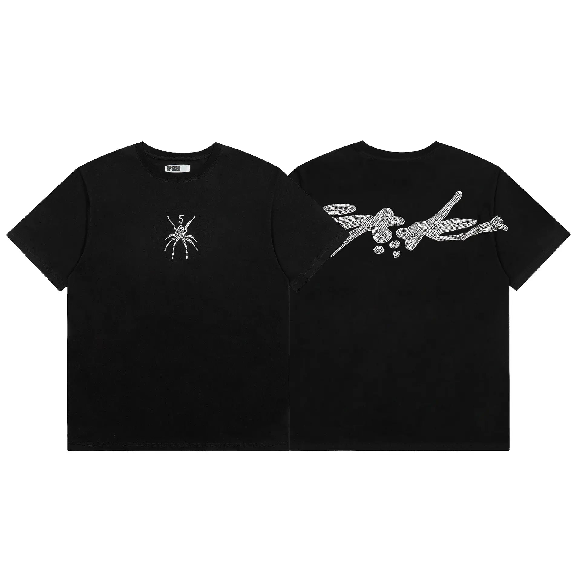 Black Sp5der short sleeve t-shirt with rhinestone spider chest graphic and large crystal figure graphic on the back