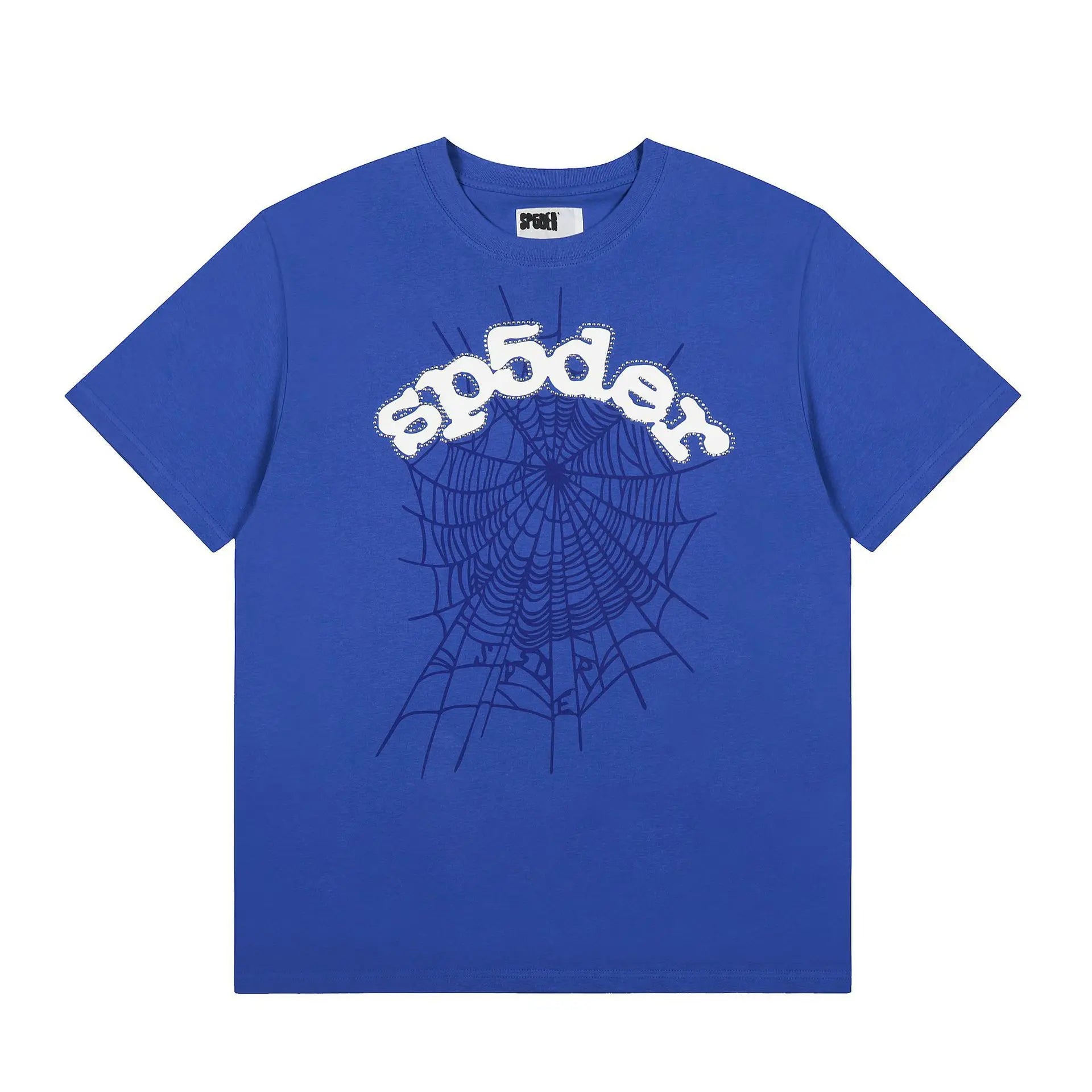 The Sp5der Blue Spider Web Graphic Cotton T-Shirt showcases “sp5der” in a white, stylized font above a bold black spider web graphic on the front―perfect for standout streetwear style.