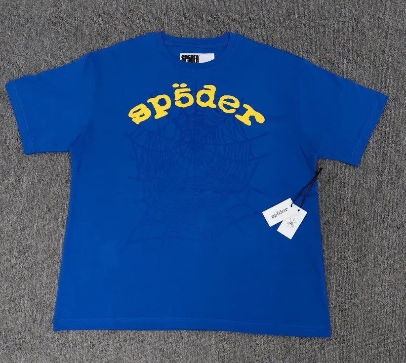 Blue Sp5der short sleeve t-shirt with yellow arched logo and tonal spider web graphic on chest