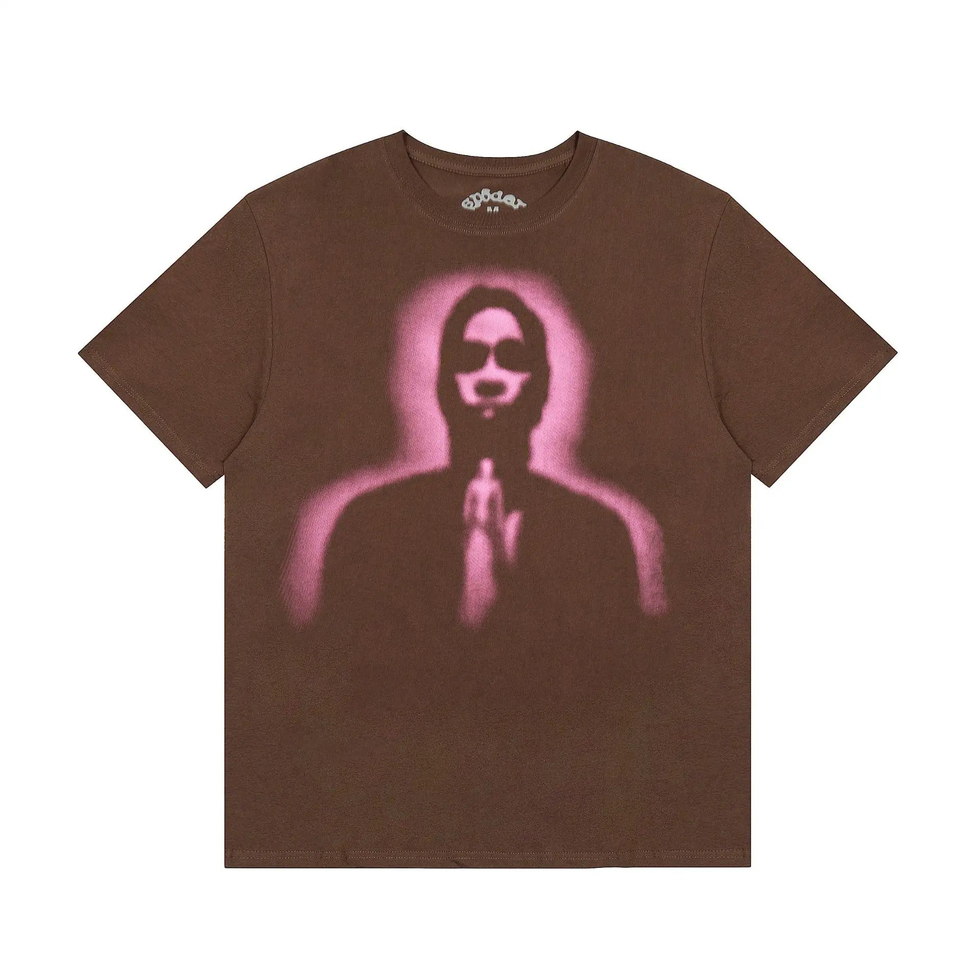 Sp5der brown short sleeve t-shirt with pink silhouette graphic print on the chest