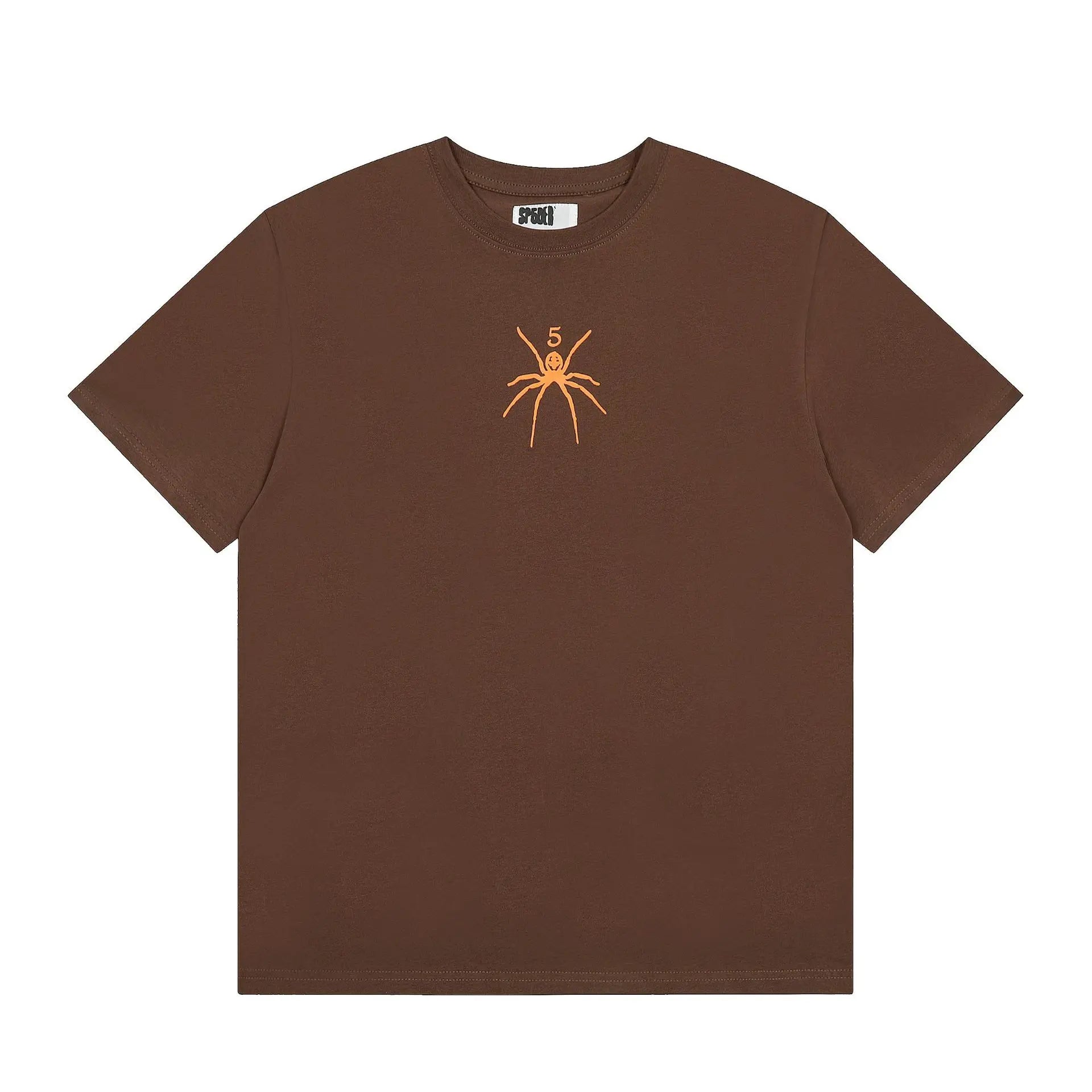 Brown Sp5der spider graphic short sleeve t-shirt with orange spider print on chest
