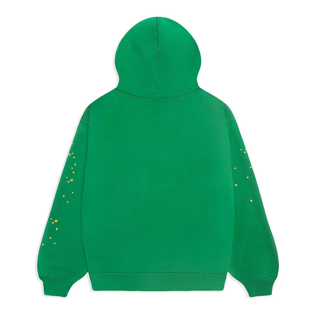 The Sp5der Web Hoodie – Emerald Green & Yellow 440GSM Heavyweight Oversized Streetwear Pullover features bold yellow star accents on the sleeves, shown from the back—an eye-catching addition to any streetwear collection.