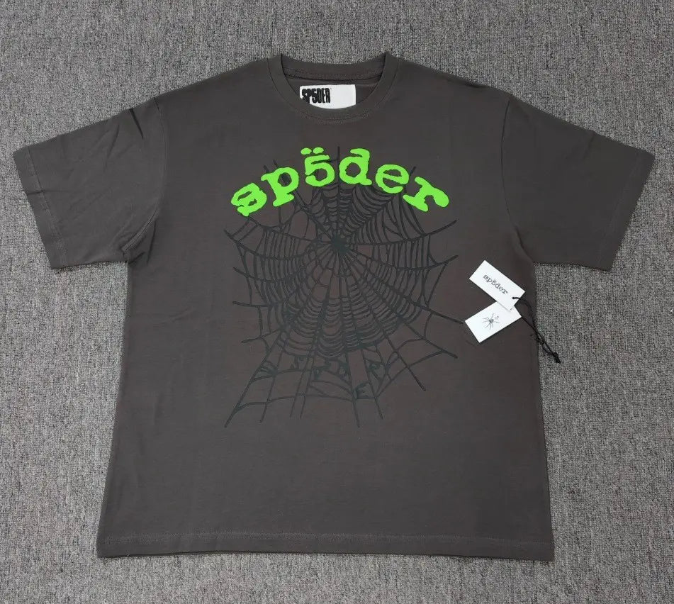 Gray Sp5der short sleeve t-shirt with green logo lettering and large spider web graphic print on the front