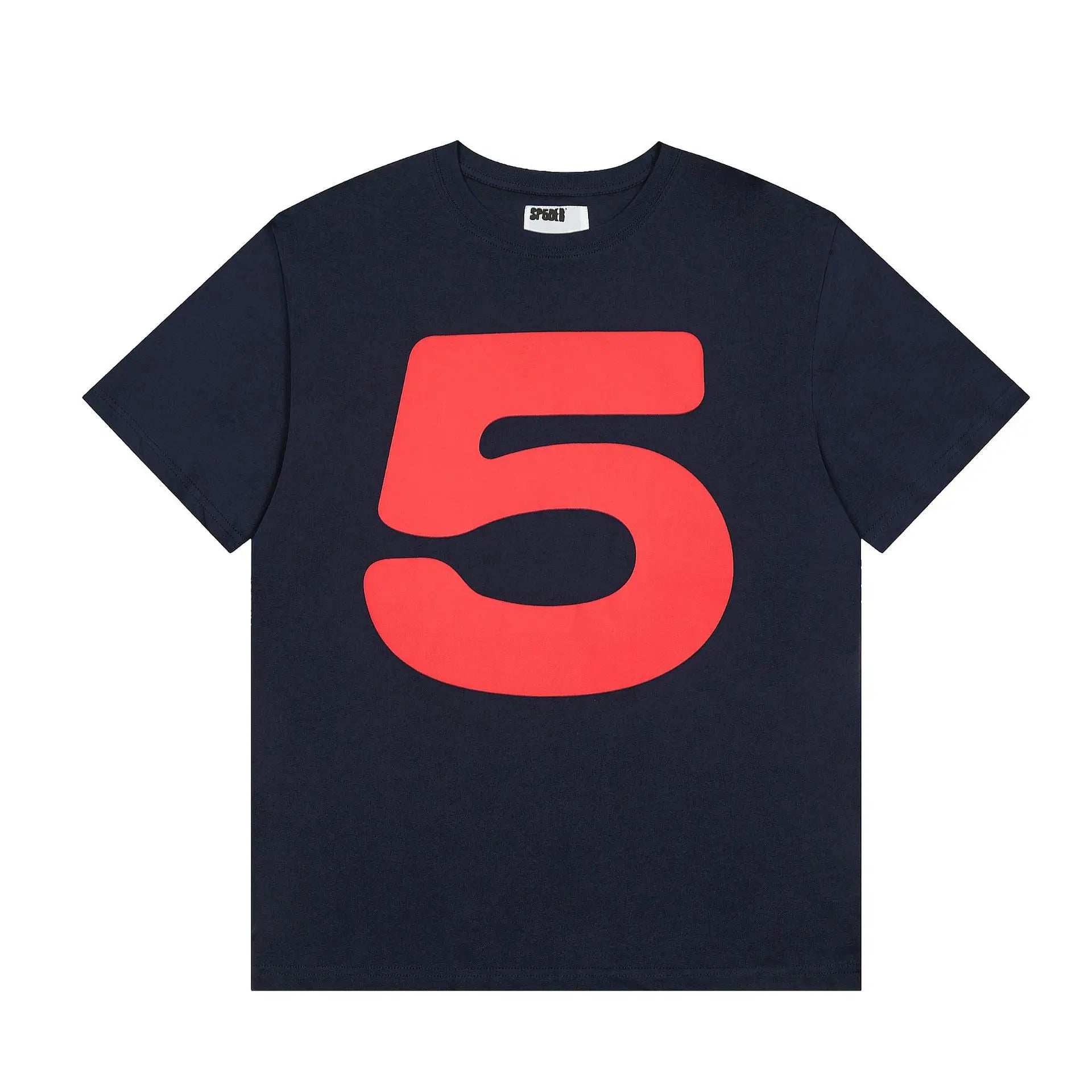 Sp5der navy short sleeve t-shirt with oversized bold red number five graphic on the front