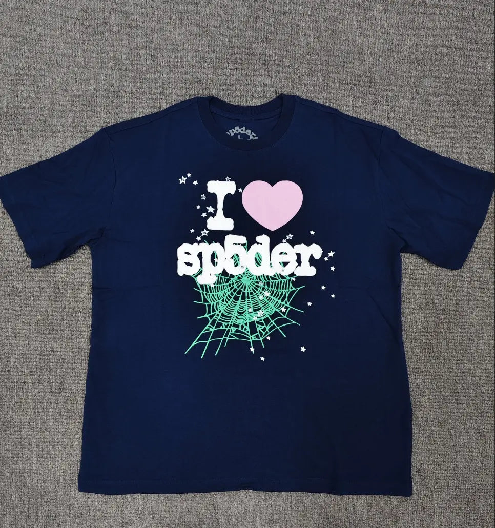 Navy Sp5der I Heart Sp5der graphic t-shirt with mint green spider web and star print on front