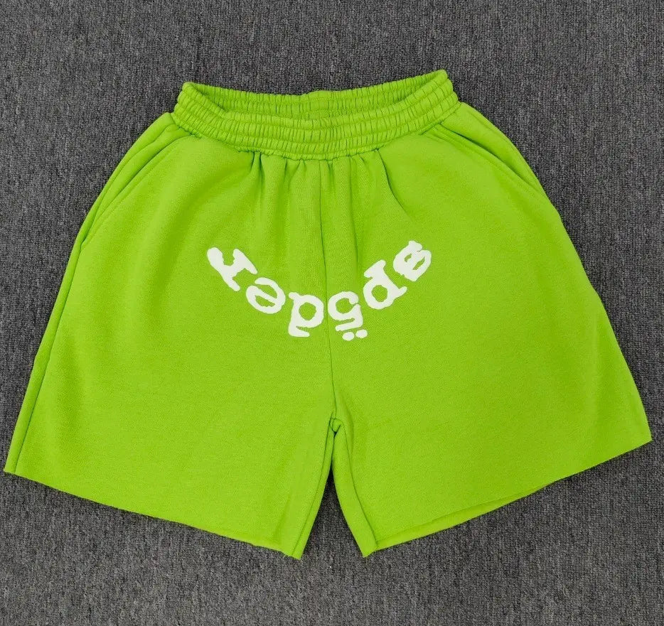 Sp5der neon green cotton jogger shorts with white mirrored letter print on the front