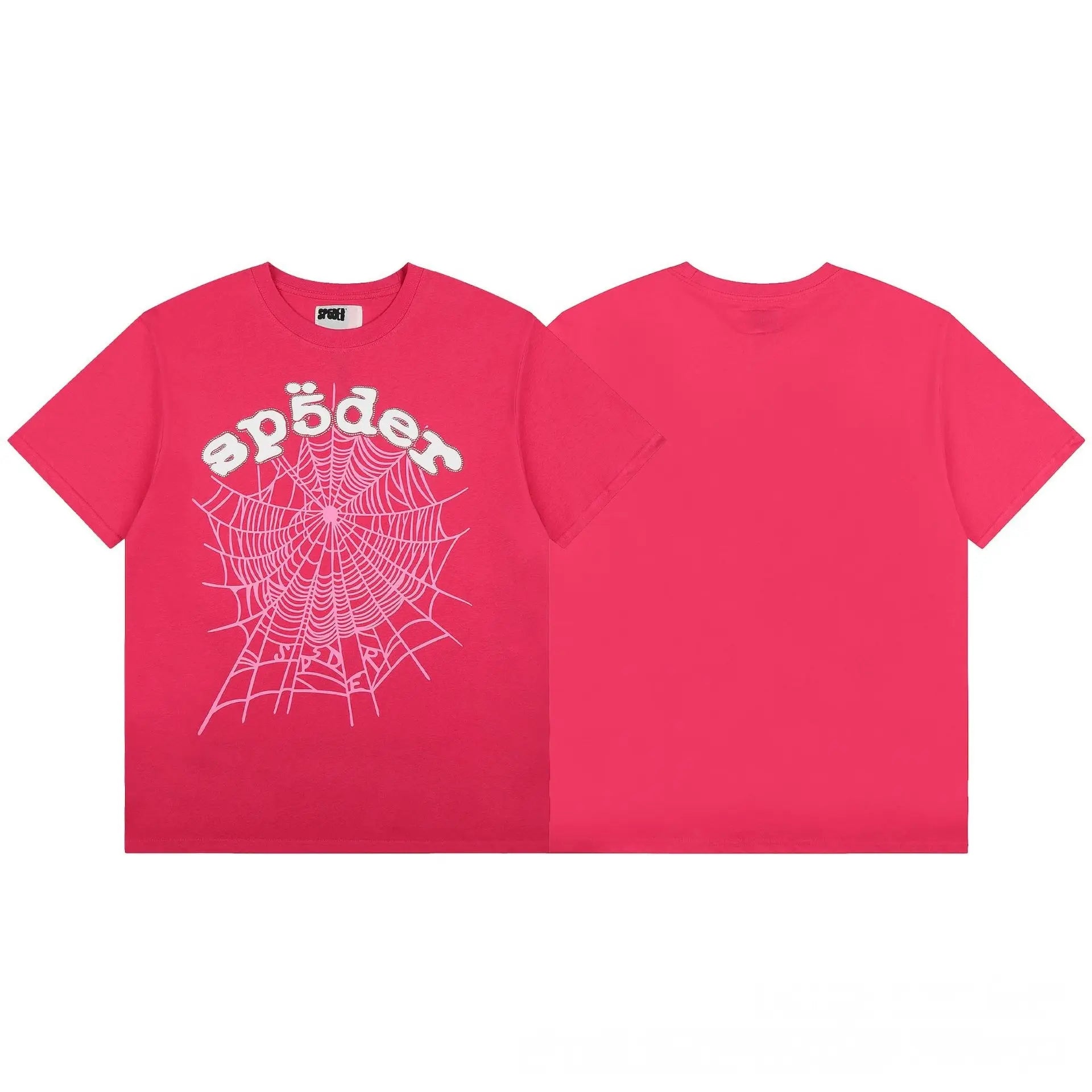 Sp5der pink short sleeve t-shirt with spider web graphic print and arched logo on the front chest
