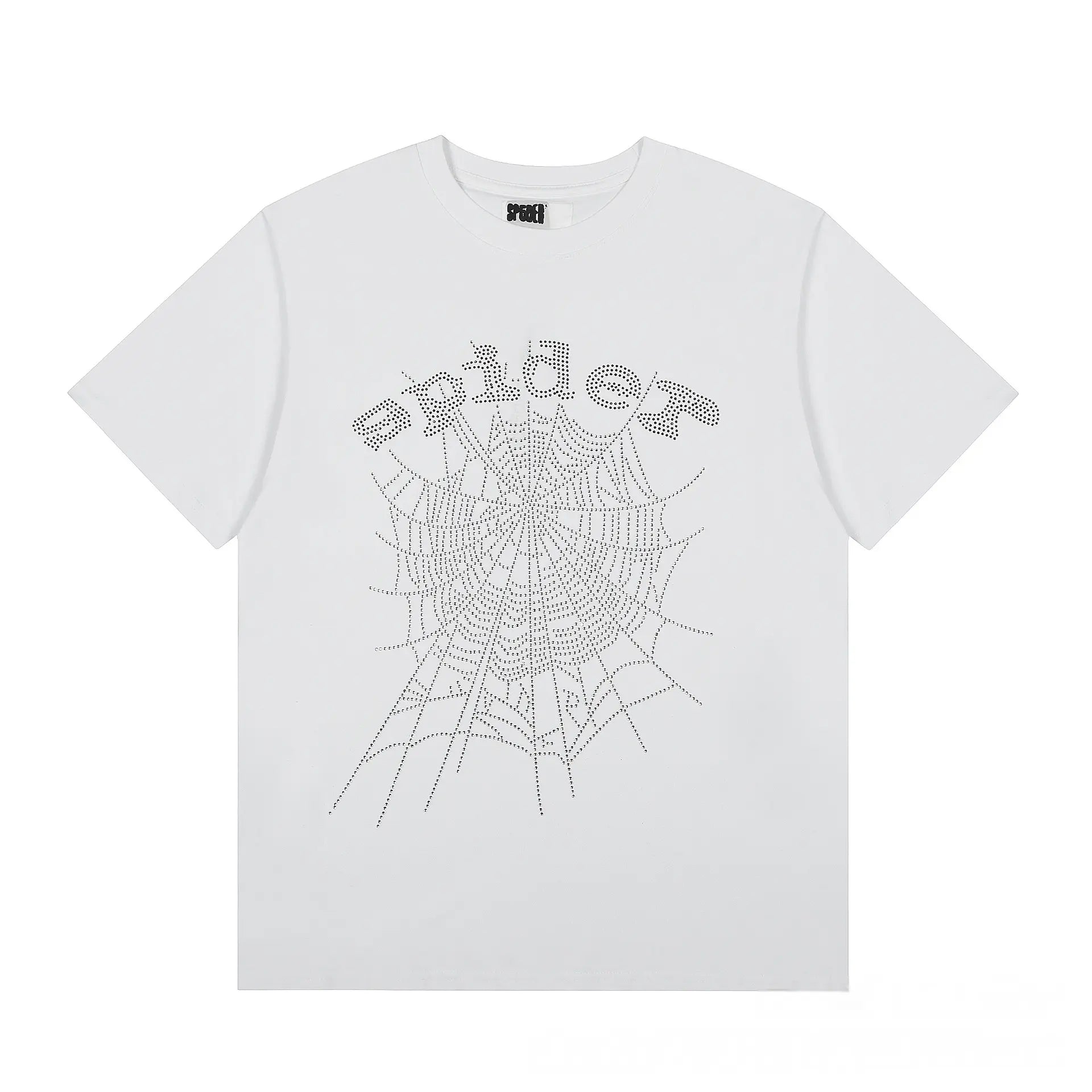 The Sp5der White Spider Web Graphic Cotton T-Shirt features a white streetwear look with a dotted spider web and "PRIOR" above it in matching style―a modern twist on the classic spider web tee.