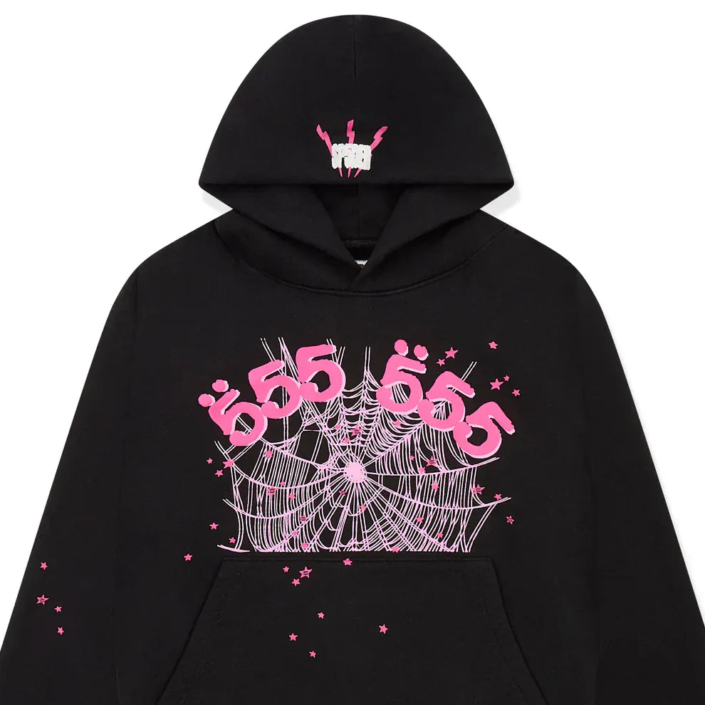 Sp5der 555 Hoodie – Black & Pink Web 440GSM Heavyweight Streetwear Pullover
