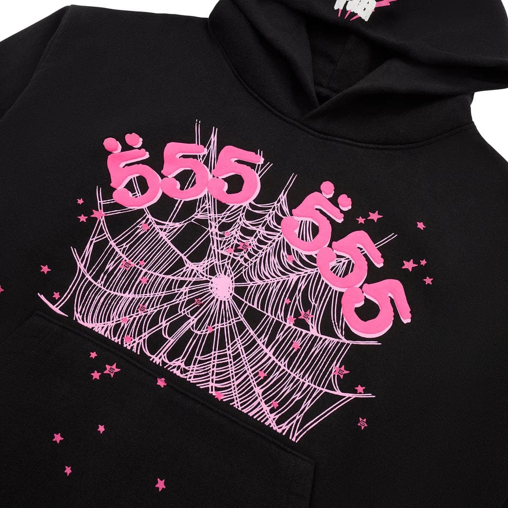 Sp5der 555 Hoodie 440GSM – Black & Pink Heavyweight Streetwear