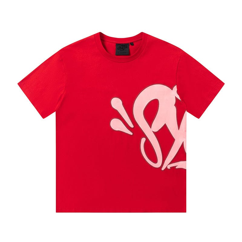 The Syna World Graphic T-Shirt – Streetwear Short Sleeve Tee in red features a large abstract white design on the front and side, perfect for making a bold statement. Available in 8 colors.