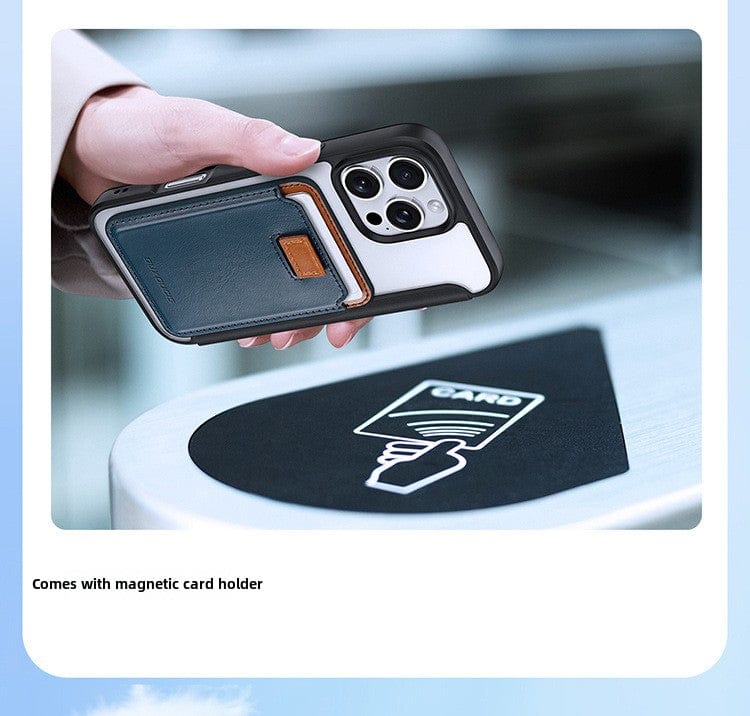 A smartphone in the iPhone 16 Pro Max Wallet Case with RFID Protection and MagSafe - Premium Leather Flip Cover, featuring a lavender hue, with a clear back and an attached cover. Two credit cards are visible in the card slots inside the cover. The case also boasts MagSafe compatibility for effortless charging.