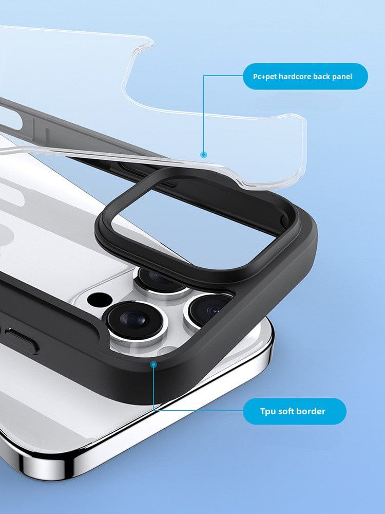 A smartphone in the iPhone 16 Pro Max Wallet Case with RFID Protection and MagSafe - Premium Leather Flip Cover, featuring a lavender hue, with a clear back and an attached cover. Two credit cards are visible in the card slots inside the cover. The case also boasts MagSafe compatibility for effortless charging.