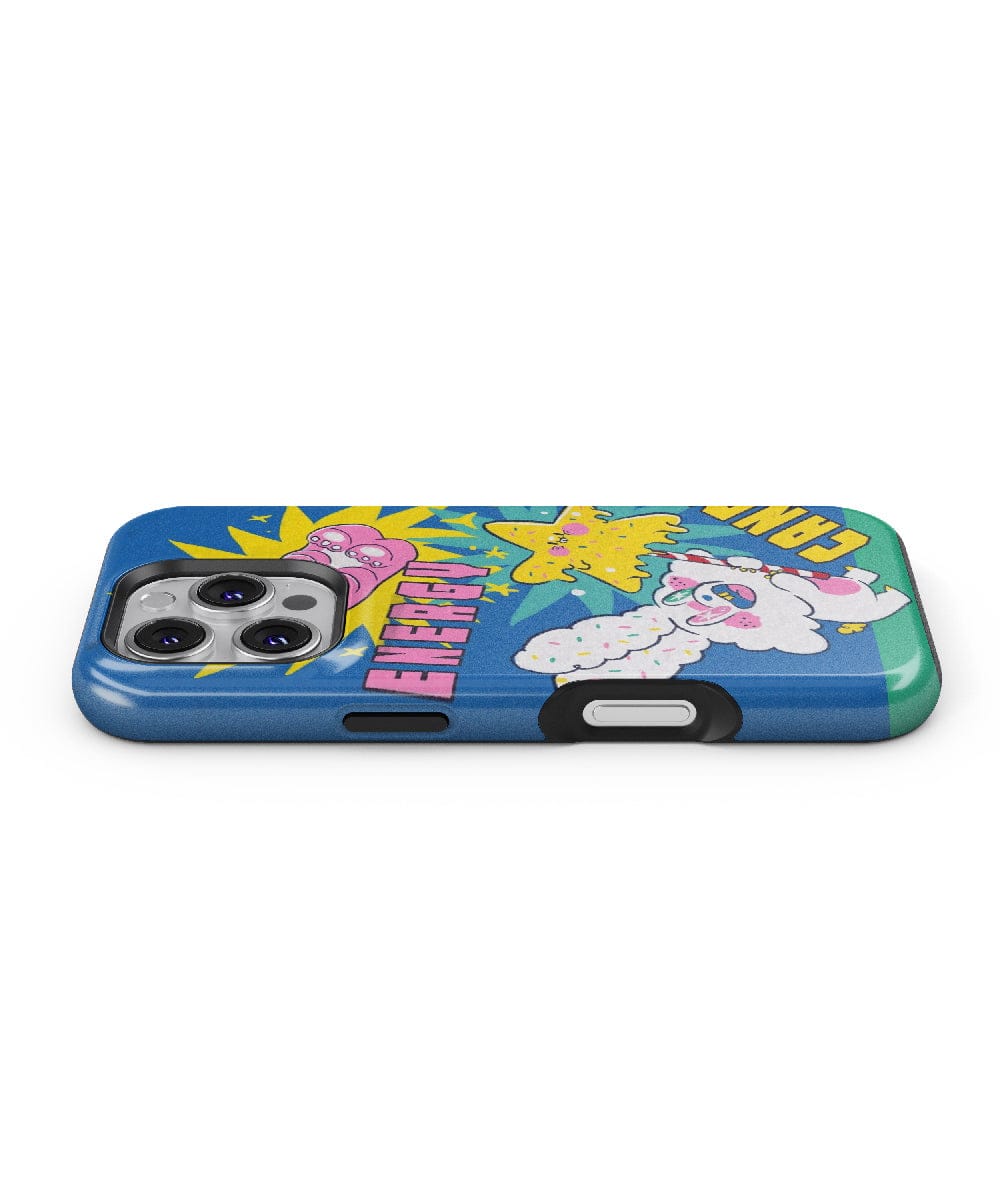 The Energetic Candy Cartoon iPhone 16 Pro Max Case features a fun pop art design with bold colors, showcasing an energetic lamb and yellow stars surrounding the word "AWESOME" in colorful letters. It offers durable dual-layer protection.