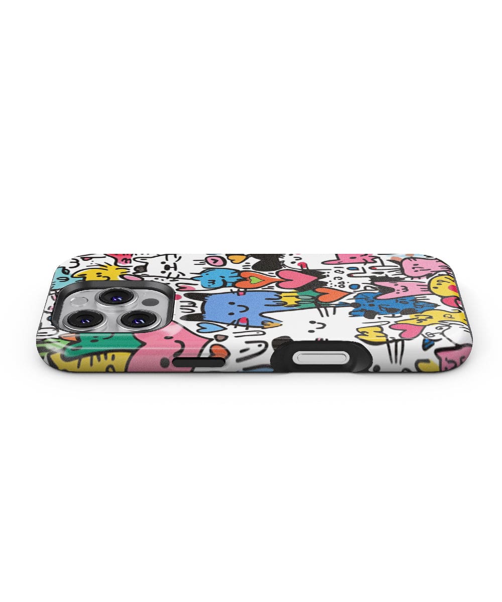 The Cute Colorful Cat iPhone 16 Pro Max Case – MagSafe Compatible, Slim Fit, Shockproof PC + Silicone Cover boasts a vibrant cartoon animal design with blue, pink, yellow, and green motifs. This case provides dual-layer protection with a cutout for the camera lenses and is compatible with MagSafe!